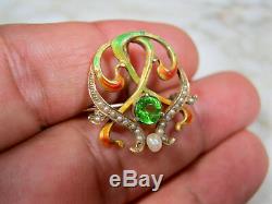 Art Nouveau Solid 14k Yellow Gold Seed Pearl Green Peridot Enamel Brooch Antique