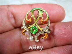 Art Nouveau Solid 14k Yellow Gold Seed Pearl Green Peridot Enamel Brooch Antique