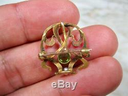 Art Nouveau Solid 14k Yellow Gold Seed Pearl Green Peridot Enamel Brooch Antique