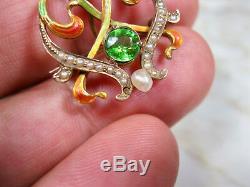 Art Nouveau Solid 14k Yellow Gold Seed Pearl Green Peridot Enamel Brooch Antique