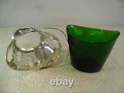 Art Nouveau Solid Silver Green Glass Sugar Basket, Birmingham 1905