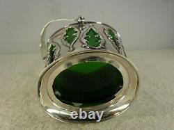 Art Nouveau Solid Silver Green Glass Sugar Basket, Birmingham 1905