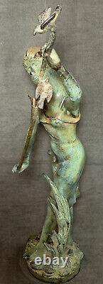 Art Nouveau Statue Woman Nymph Birds Bronze Cast Iron Garden Sculpture Patio