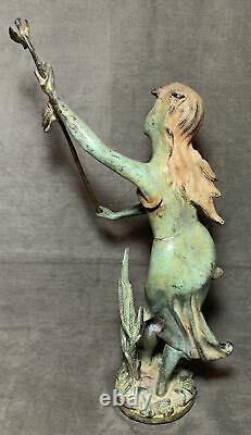 Art Nouveau Statue Woman Nymph Birds Bronze Cast Iron Garden Sculpture Patio