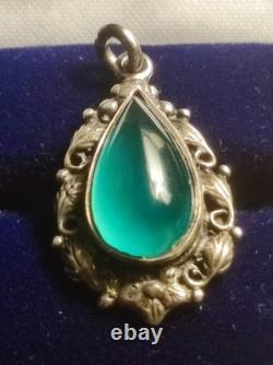 Art Nouveau, Sterling Silver And Green Stone Small Teardrop Pendant, Floral