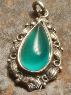 Art Nouveau, Sterling Silver And Green Stone Small Teardrop Pendant, Floral