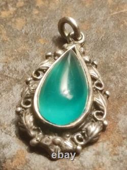 Art Nouveau, Sterling Silver And Green Stone Small Teardrop Pendant, Floral