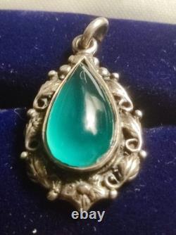 Art Nouveau, Sterling Silver And Green Stone Small Teardrop Pendant, Floral