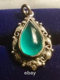 Art Nouveau, Sterling Silver And Green Stone Small Teardrop Pendant, Floral