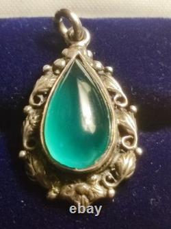 Art Nouveau, Sterling Silver And Green Stone Small Teardrop Pendant, Floral