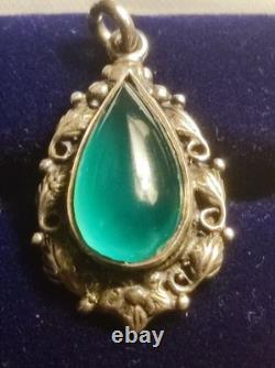 Art Nouveau, Sterling Silver And Green Stone Small Teardrop Pendant, Floral