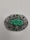 Art Nouveau Sterling Silver Jade Vintage Rhinestones Brooch Pin