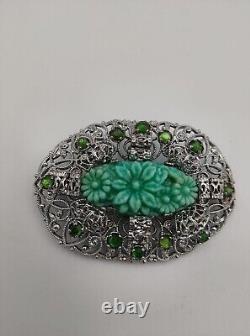 Art Nouveau Sterling Silver Jade Vintage Rhinestones Brooch Pin