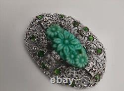 Art Nouveau Sterling Silver Jade Vintage Rhinestones Brooch Pin