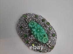 Art Nouveau Sterling Silver Jade Vintage Rhinestones Brooch Pin