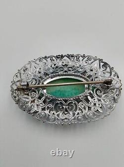 Art Nouveau Sterling Silver Jade Vintage Rhinestones Brooch Pin