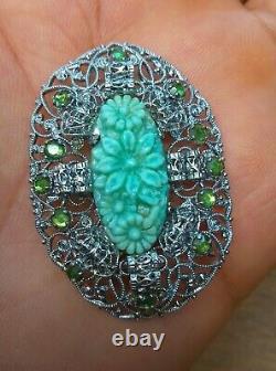 Art Nouveau Sterling Silver Jade Vintage Rhinestones Brooch Pin