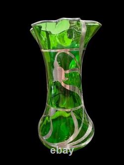 Art Nouveau Sterling Silver Overlay Green Art Glass Bud Vase Steuben