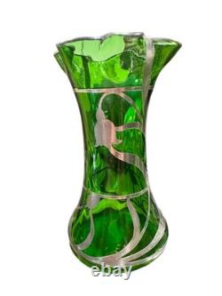 Art Nouveau Sterling Silver Overlay Green Art Glass Bud Vase Steuben