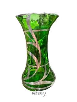 Art Nouveau Sterling Silver Overlay Green Art Glass Bud Vase Steuben