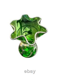 Art Nouveau Sterling Silver Overlay Green Art Glass Bud Vase Steuben