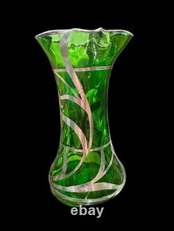 Art Nouveau Sterling Silver Overlay Green Art Glass Bud Vase Steuben