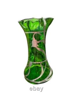 Art Nouveau Sterling Silver Overlay Green Art Glass Bud Vase Steuben