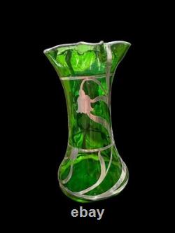 Art Nouveau Sterling Silver Overlay Green Art Glass Bud Vase Steuben