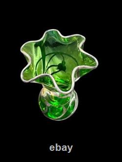 Art Nouveau Sterling Silver Overlay Green Art Glass Bud Vase Steuben