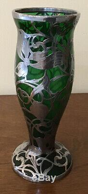 Art Nouveau Sterling Silver Overlay Green Glass 10 Inch Vase, c. 1910
