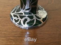 Art Nouveau Sterling Silver Overlay Green Glass 10 Inch Vase, c. 1910