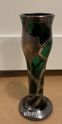 Art Nouveau Sterling Silver Overlay Green Glass 6 Vase Emerald Green color