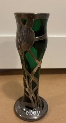 Art Nouveau Sterling Silver Overlay Green Glass 6 Vase Emerald Green color