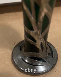 Art Nouveau Sterling Silver Overlay Green Glass 6 Vase Emerald Green color