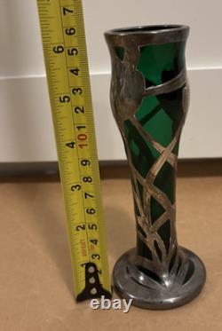 Art Nouveau Sterling Silver Overlay Green Glass 6 Vase Emerald Green color