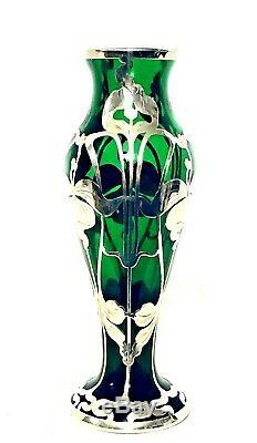 Art Nouveau Sterling Silver Overlay on Hand Blown Emerald Green Art Glass Vase