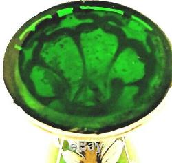 Art Nouveau Sterling Silver Overlay on Hand Blown Emerald Green Art Glass Vase