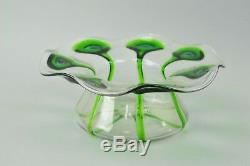 Art Nouveau Stuart & Sons Green Peacock Eye & Trailed Glass Bowl C. 1905