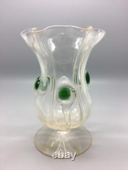 Art Nouveau Stuart & Sons Green Peacock Eye & Trailed Glass Vase C. 1900