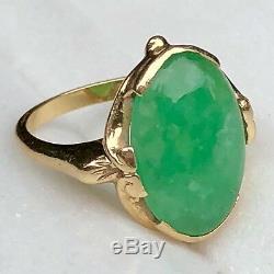 Art Nouveau Style 14K Yellow Gold Green Jade Jadeite Floral Vintage Navette Ring