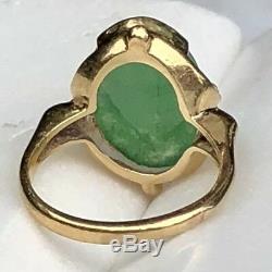 Art Nouveau Style 14K Yellow Gold Green Jade Jadeite Floral Vintage Navette Ring