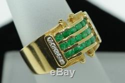 Art Nouveau Style 18K Yellow Gold Wide Emerald and Diamond Band Ring (Sz 6 1/4)