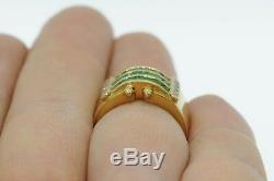 Art Nouveau Style 18K Yellow Gold Wide Emerald and Diamond Band Ring (Sz 6 1/4)
