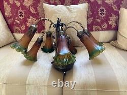 Art Nouveau Style 7 Arm Amber/Green Glass Shades Lily Ceiling Light