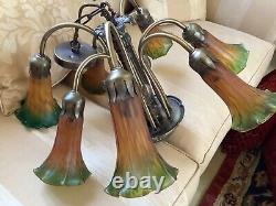 Art Nouveau Style 7 Arm Amber/Green Glass Shades Lily Ceiling Light
