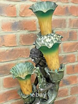 Art Nouveau Style Bronze Effect 3 Light Lamp With Lilly Glass Shades