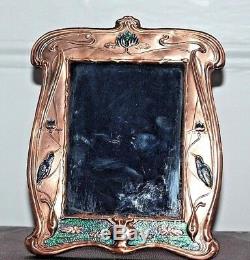 Art Nouveau Style Copper Frame Blue Green Enamel With Kingfisher Birds