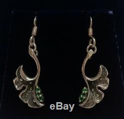 Art Nouveau Style Flower Drop Earrings and Pendant Emerald and Marcasite Silver