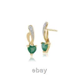 Art Nouveau Style Heart Emerald & Diamond Drop Earrings in 9ct Yellow Gold