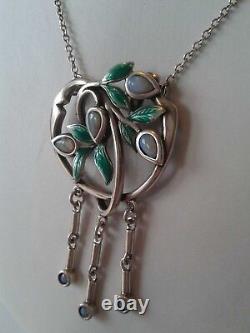 Art Nouveau Style Leaves Necklace With Green Enamel Opal Silver Jewelry New